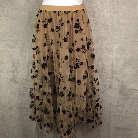 Sheer Tulle Overlay Maxi Skirt Nude Black Floral Embroidered Mesh S/M  Romantic - Picture 1 of 9